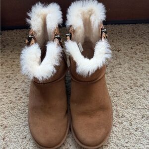 UGG Brown Ankle Boots with White Fur Trim